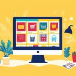 Illustration of an ecommerce website with shopping cart icons on a desk with a yellow background.
