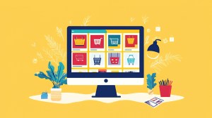 Illustration of an ecommerce website with shopping cart icons on a desk with a yellow background.