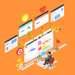 Illustration of four pathway arrows going toward the same point to the right in multicolor.