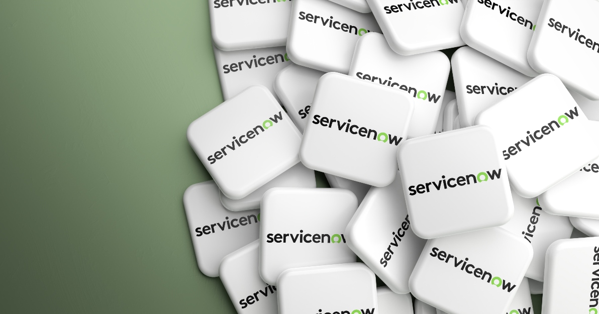 ServiceNow logo on white chips scattered on a green background.