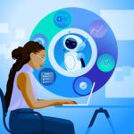 A woman sitting in front of a computer with a circle containing graphs and tech images behind her.