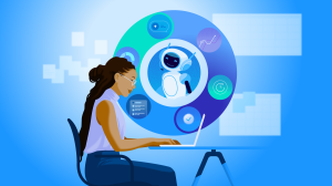 A woman sitting in front of a computer with a circle containing graphs and tech images behind her.