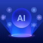 AI globe on blue background with Automation and Big data Cyber Secure, Biotech and Engineering Tools icons