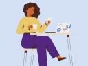 illustration of a customer sitting at a table using a laptop and phone