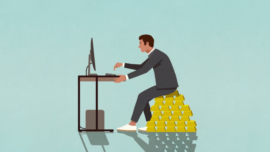 An illustration of efficient growth showing a person sitting on gold bricks using a computer.