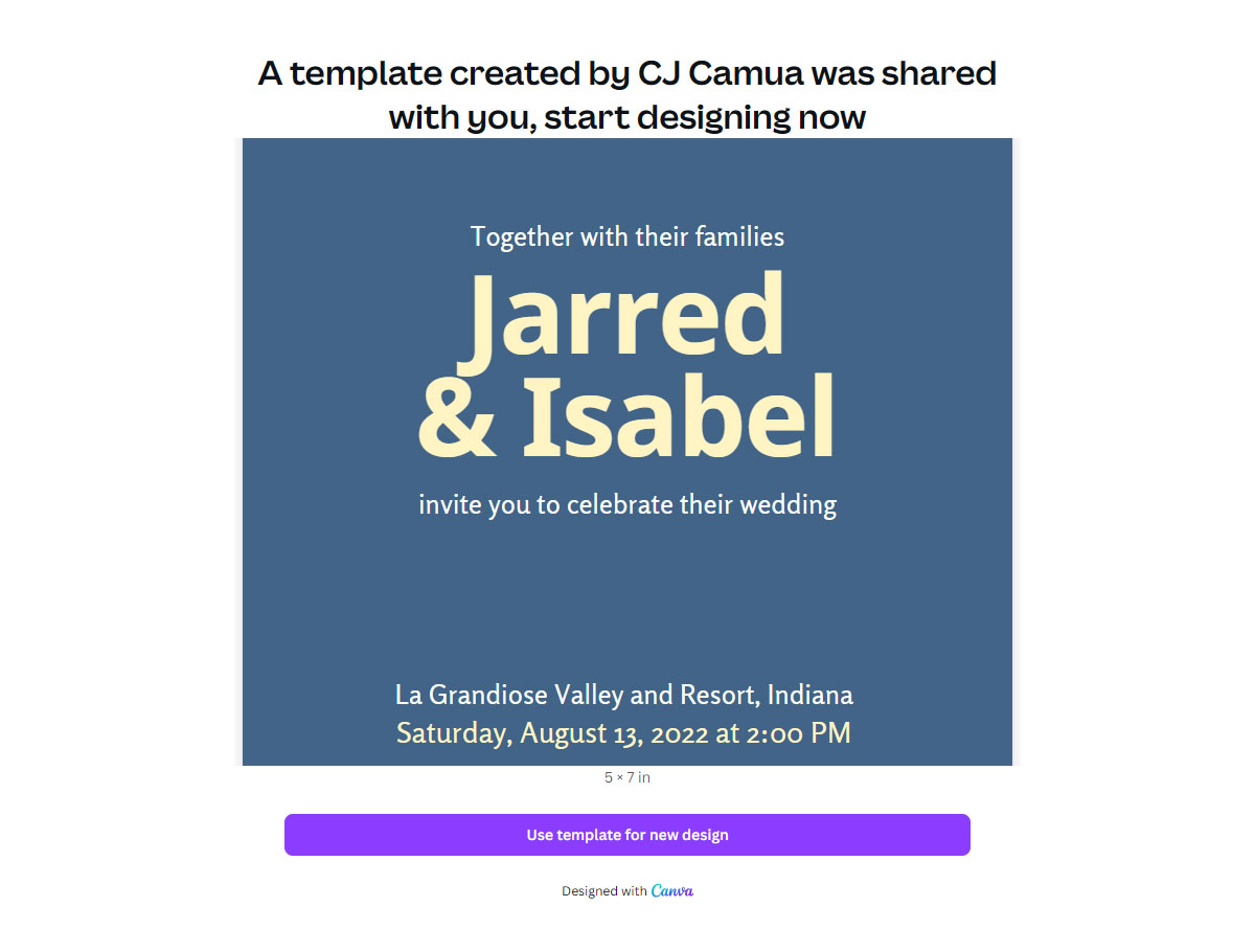 Canva shared template page for a blue wedding invitation with a "Use template for new design" button.