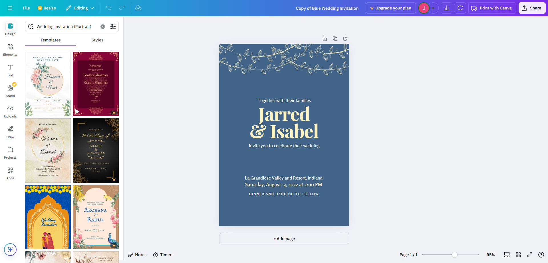 Canva editor workspace showing a blue wedding invitation template being customised, with template options on the left.