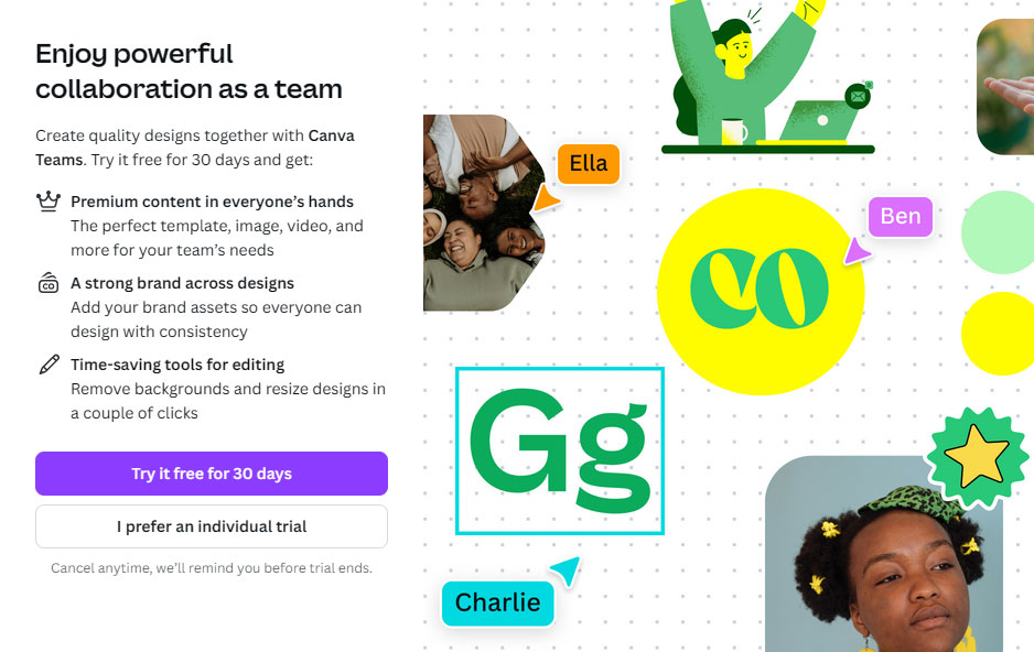 Canva Teams promotion page highlighting collaboration features, trial options, and real-time team cursors.