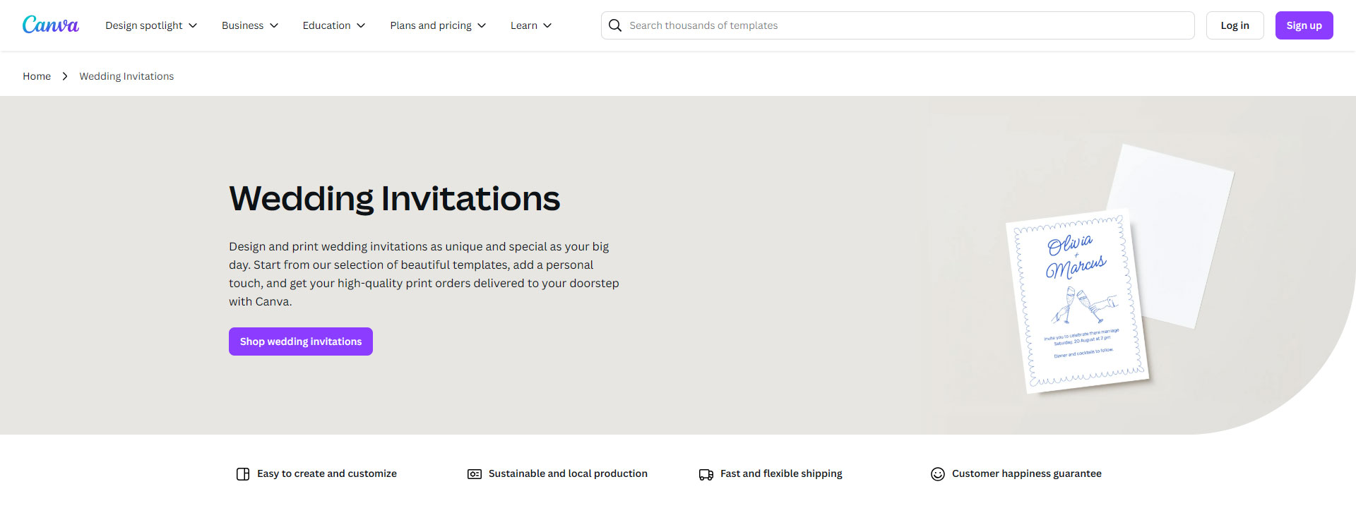 Canva landing page for Wedding Invitations featuring a "Shop wedding invitations" button and sample card design.