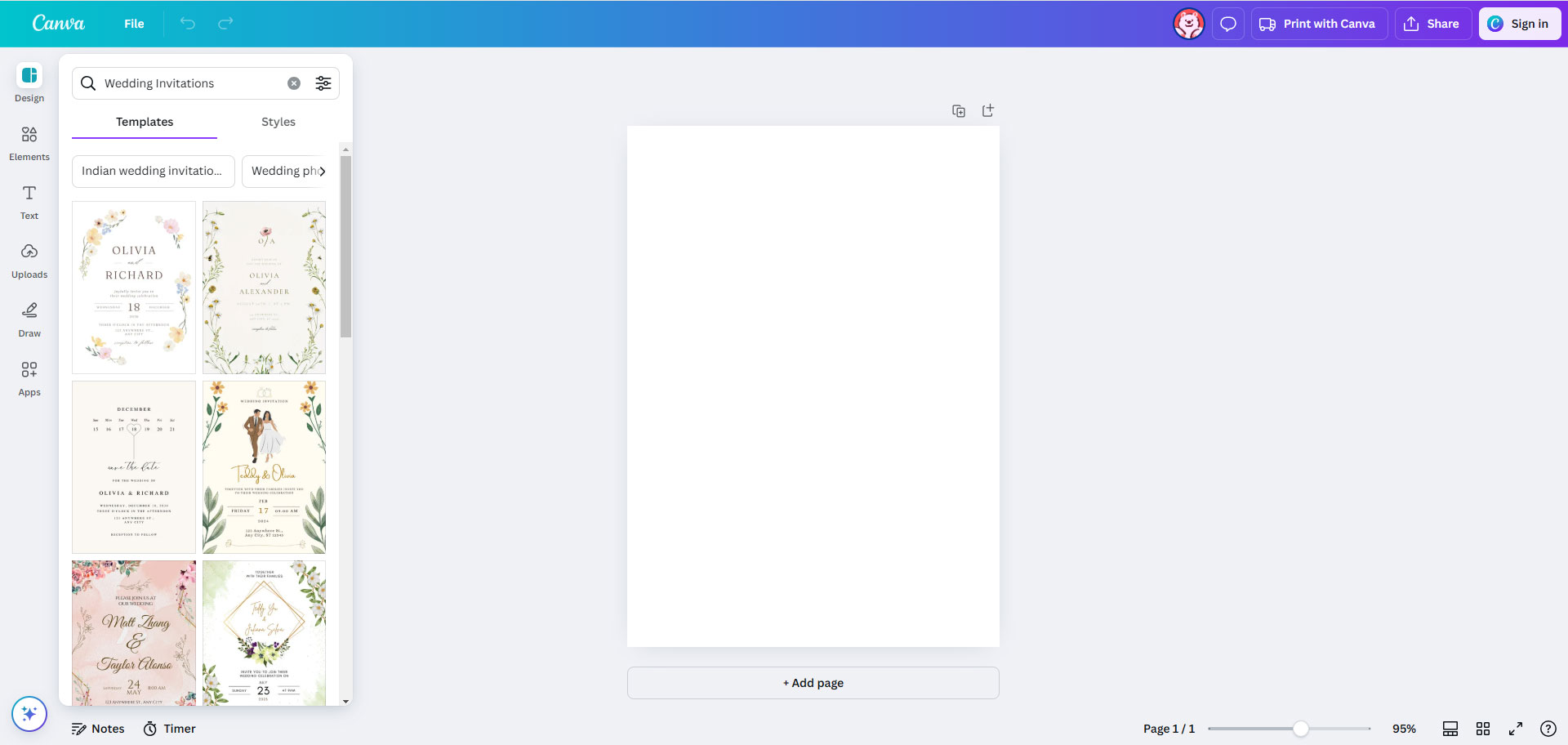 Blank Canva workspace with a sidebar display of wedding invitation templates.