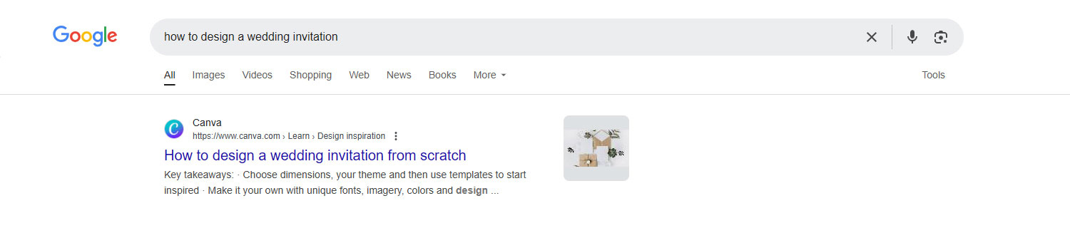 Google search result for "how to design a wedding invitation" displaying a link to a Canva guide.