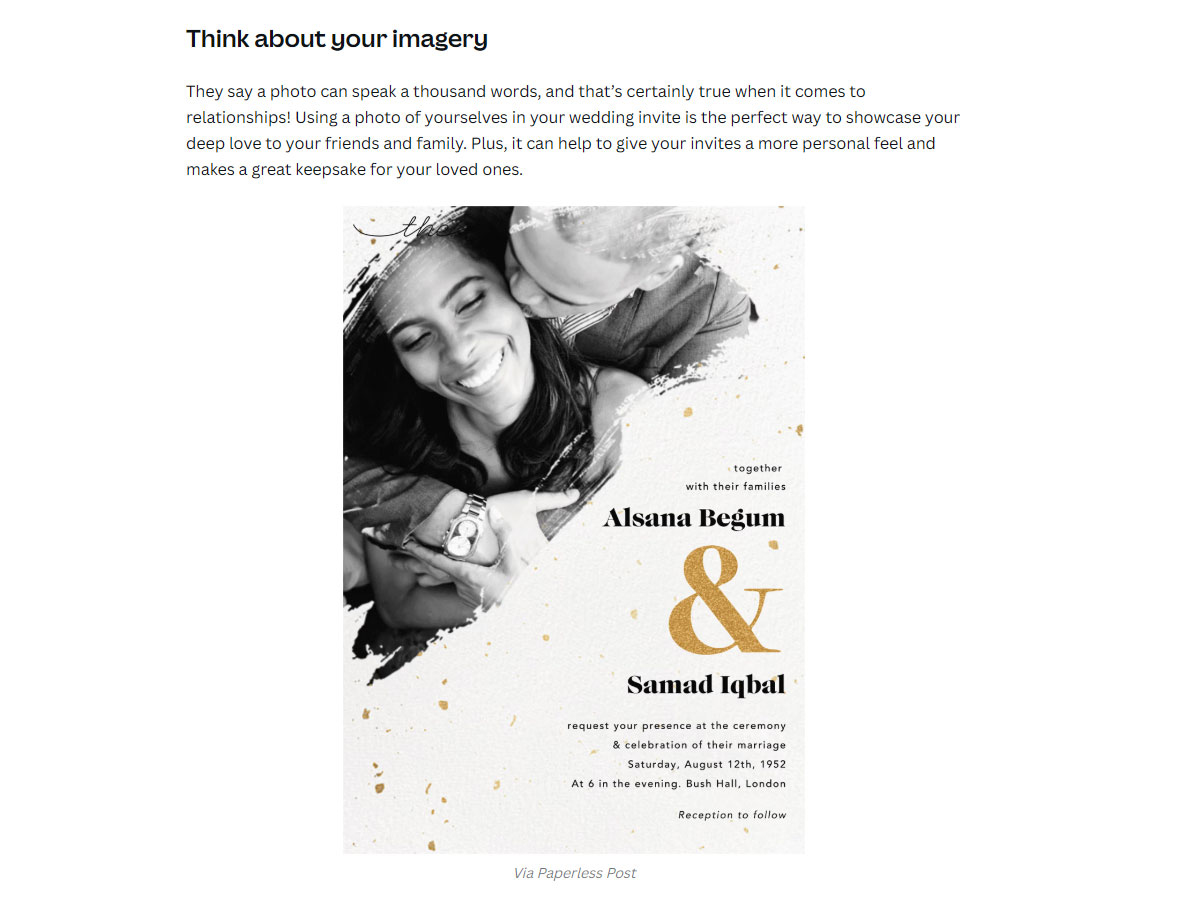 Wedding invitation design sample featuring a black-and-white photo of a couple with gold accents.