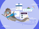 Flo, the Salesforce workflow character, is a flying squirrel with a blue scarf. He’s flying in front of screenshots of Salesforce products.