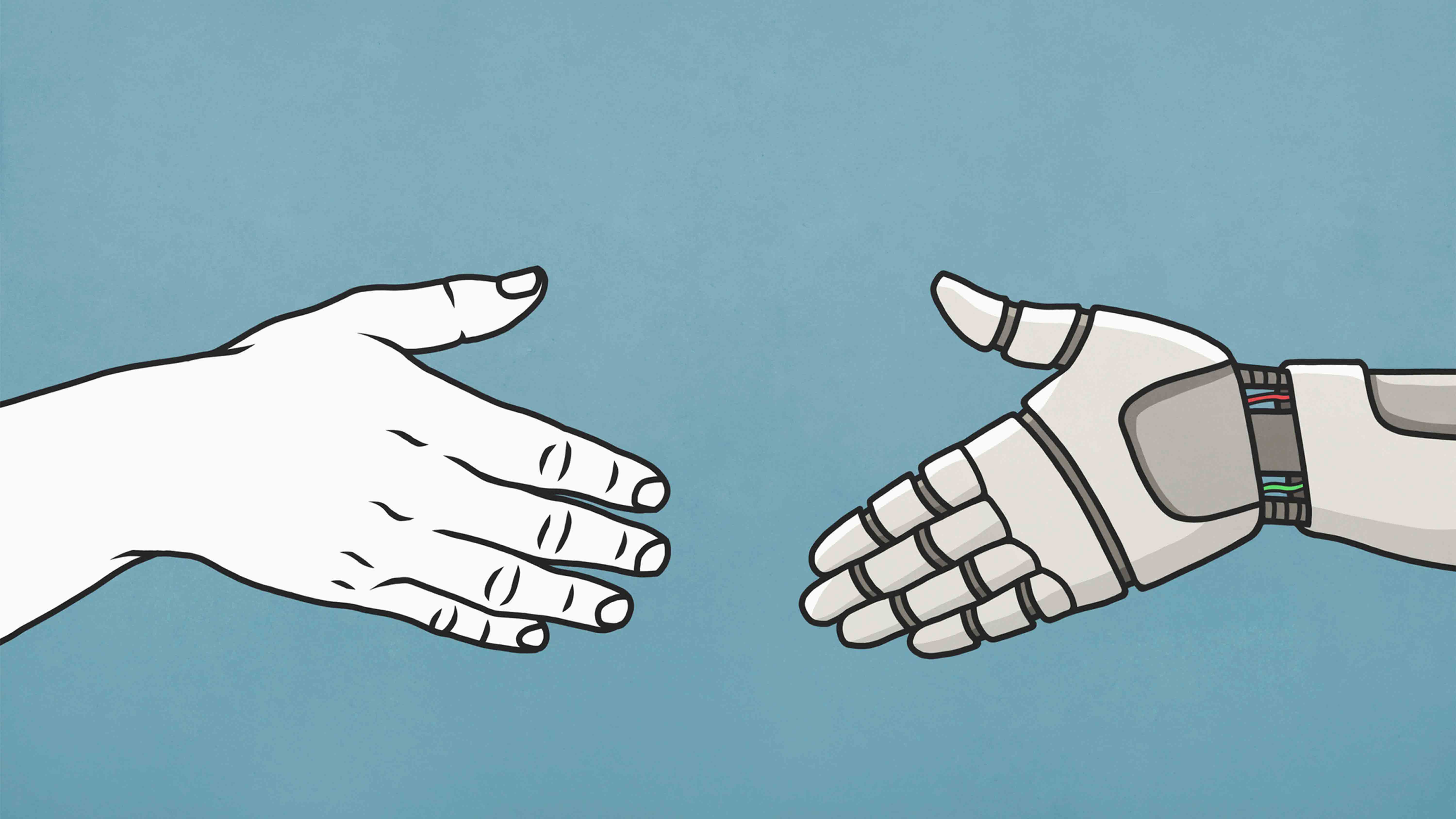 human and robot hands shaking