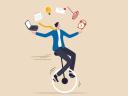 Illustration on a tan background of a man riding a unicycle while balancing aspects of work / generative AI for marketing