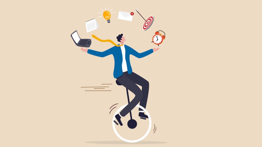 Illustration on a tan background of a man riding a unicycle while balancing aspects of work / generative AI for marketing
