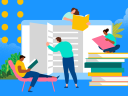 An illustration of four sellers reading sales books.