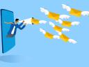 Illustration on a blue background of a male office worker screaming into a megaphone, as envelopes with wings fly out / marketing campaign