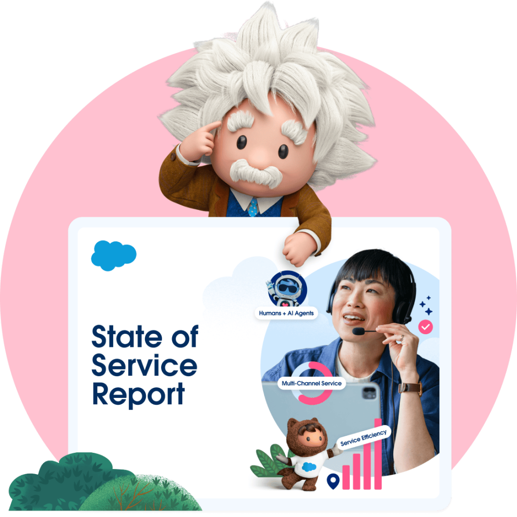 Salesforce Einstein presenting the State of Service Report alongside customer support and AI graphics.