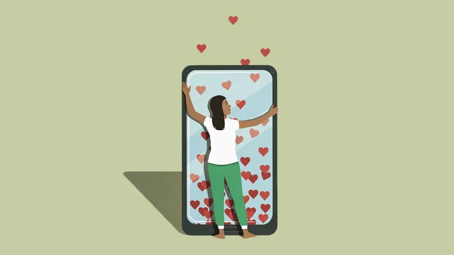 Image of a customer in white shirt and green pants hugging their smartphone: customer intimacy