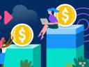 Sales rep sitting on a bar graph in front of a dollar sign: gross sales vs net sales