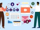 An illustration of two people interacting with different ecommerce trends, including video and user-generated content.