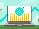 On target earnings: Illustration of an arrow hitting a target on top of a bar chart