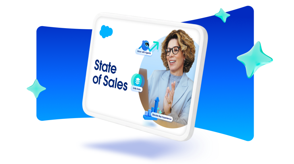 Salesforce "State of Sales" graphic featuring a businesswoman and growth icons on a floating screen.