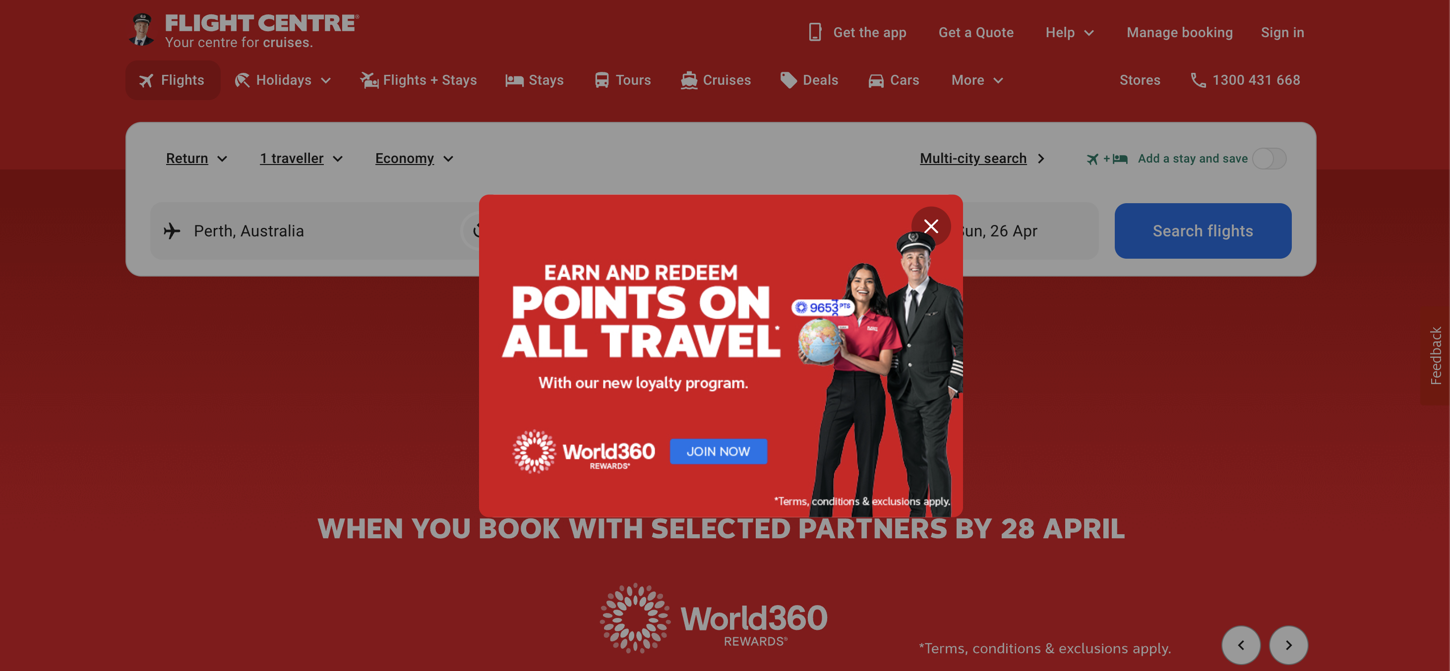 Flight Centre website with a red World360 Rewards pop-up modal offering points on all travel.