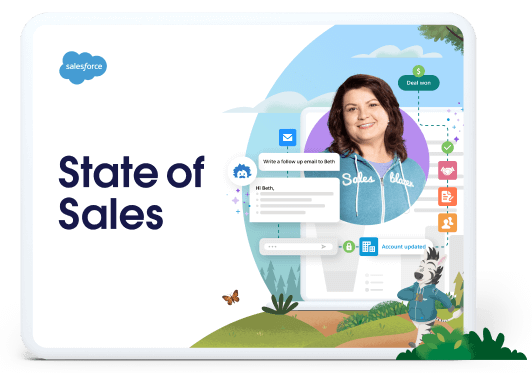 Salesforce State of Sales cover image showing a smiling woman, sales interface, and Zig the Zebra.