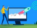 Penetration Pricing: A salesperson watches a rocket ship launch from a computer screen towards a target.