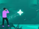 A CIO uses data and AI, symbolised by binary code, to spot opportunities and achieve business goals represented by a glowing star in the distance.