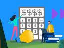 Finance Skills: Two individuals work together, one with a large calculator and the other with a bright lightbulb.
