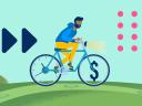 Customer Lifetime Value: A man rides a bicycle with a clock on one wheel and a dollar sign on the other.