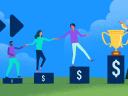 Sales Incentives: Three people help each other reach higher levels of income represented by platforms.