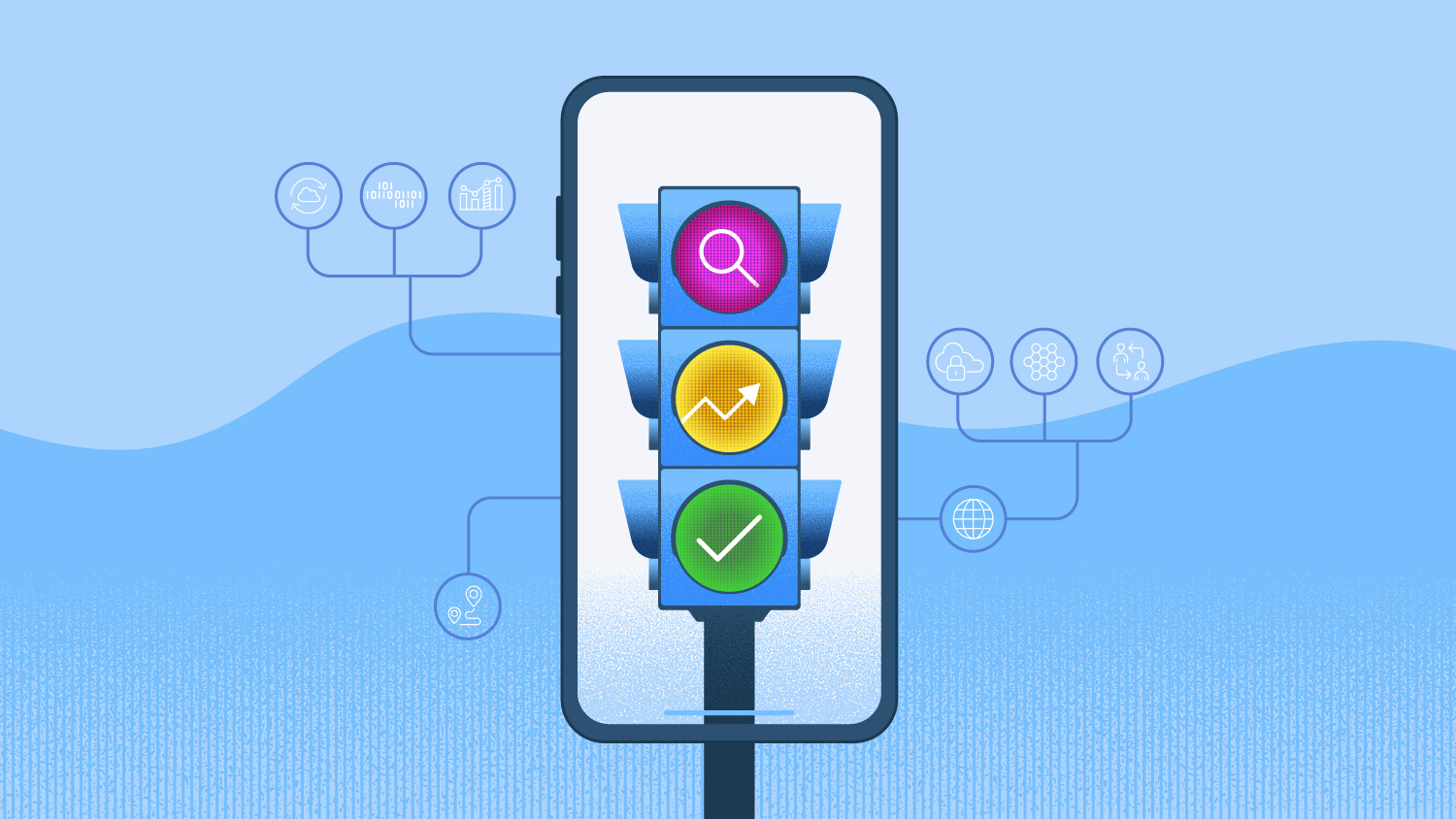 Image shows a traffic light on a phone screen with icons.