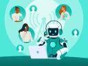 An illustration of a Salesforce AI agent robot interacting with floating task bubbles of human representatives.