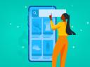 Illustration of a woman typing a phrase into a product search bar on an ecommerce site.