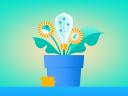 Illustration of a flower pot with a light bulb and marketing icons representing new ideas, fresh tips, and best practices.