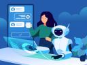 An illustration of a robot and human woman working next to each other on a project.