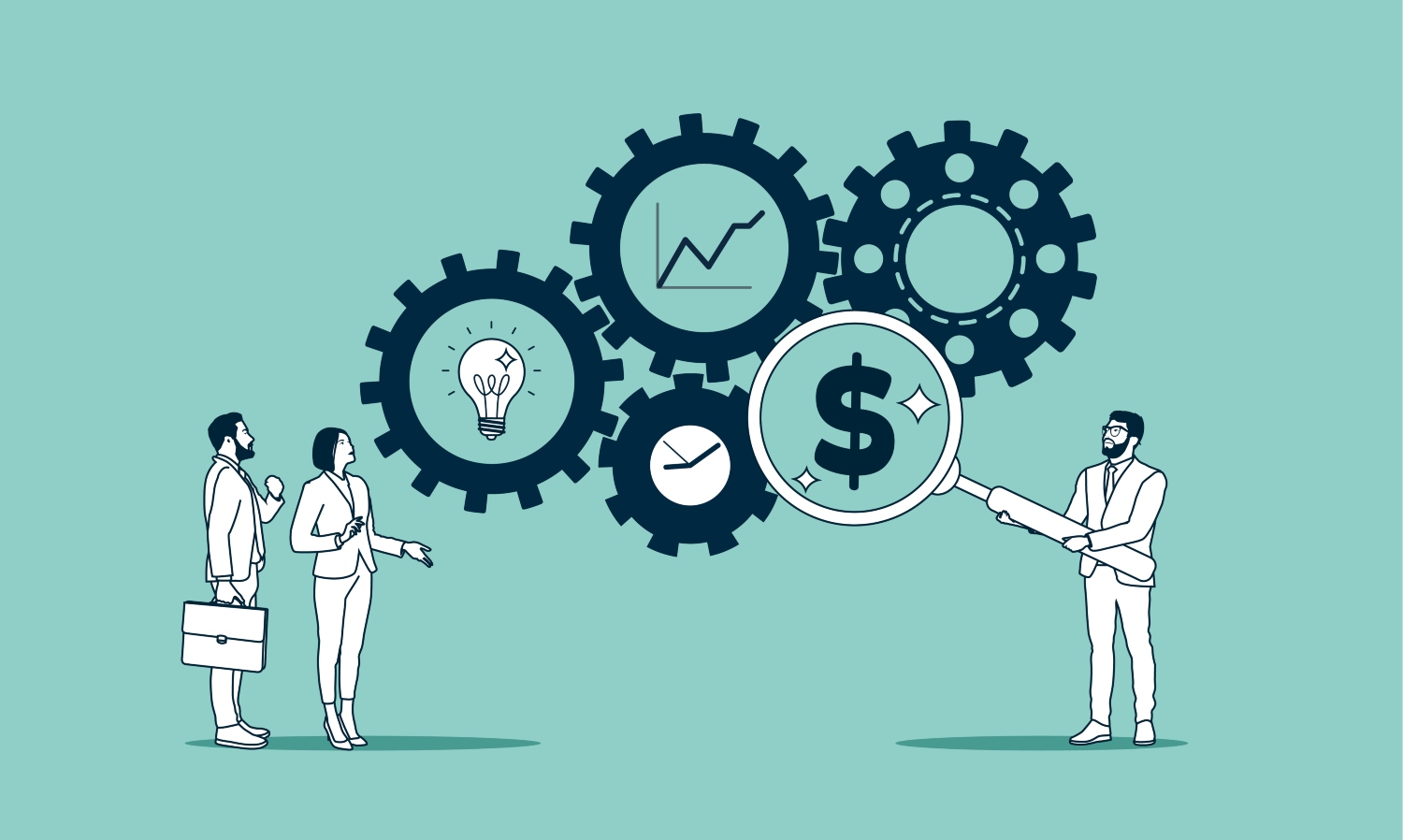 Illustration showing three small business owners using digital tools to manage finances and cut costs.