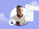 Image shows a man staring at the phone with a security icon next to him.