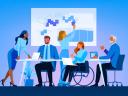 5 people around a table in front of a graph