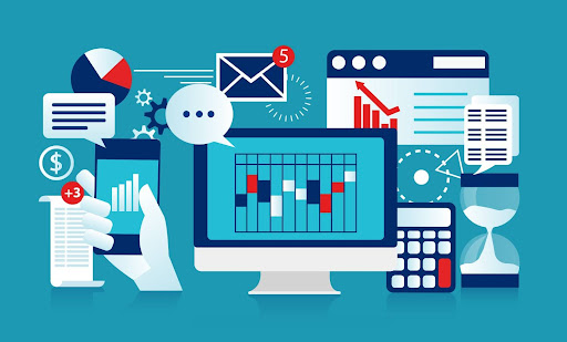 Illustration showcasing sales automation mashup for startups including computers, apps, and tools.