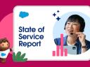 A service representative speaking into a headset besides the words "State of Service Report."