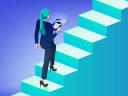 A woman in business attire walks up a staircase whose surface resembles a ruler: AI agent evaluation