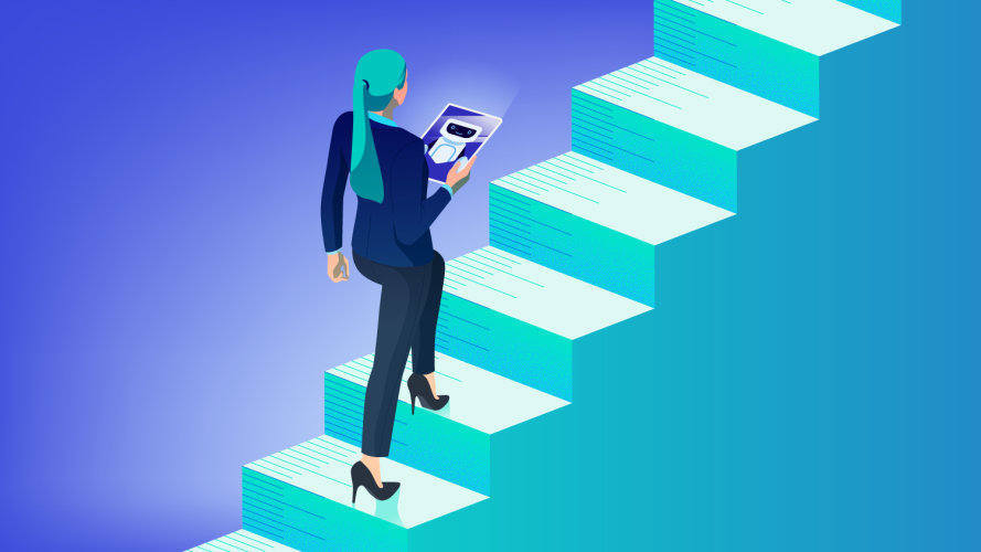 A woman in business attire walks up a staircase whose surface resembles a ruler: AI agent evaluation