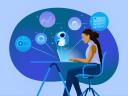 An illustration of a woman working at a laptop with icons suggesting agentic AI surrounding her
