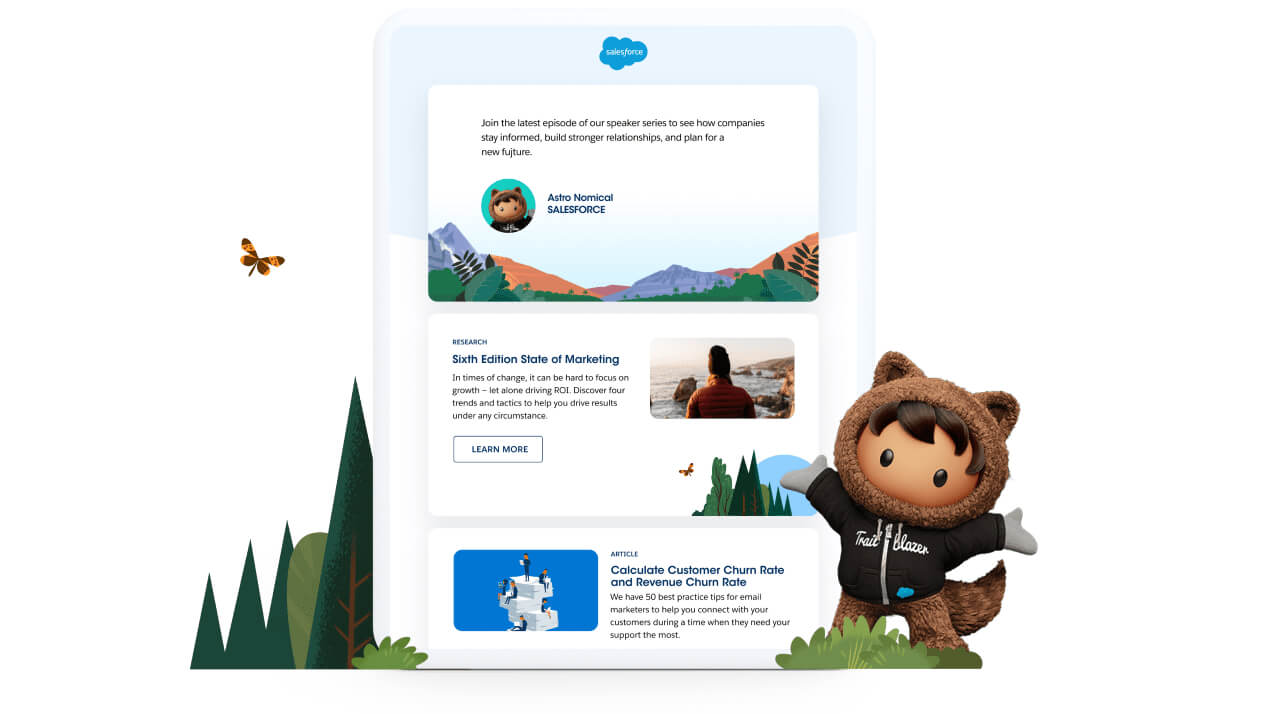 Astro standing with outstretched hands in front of the Marketing Cloud newsletter.