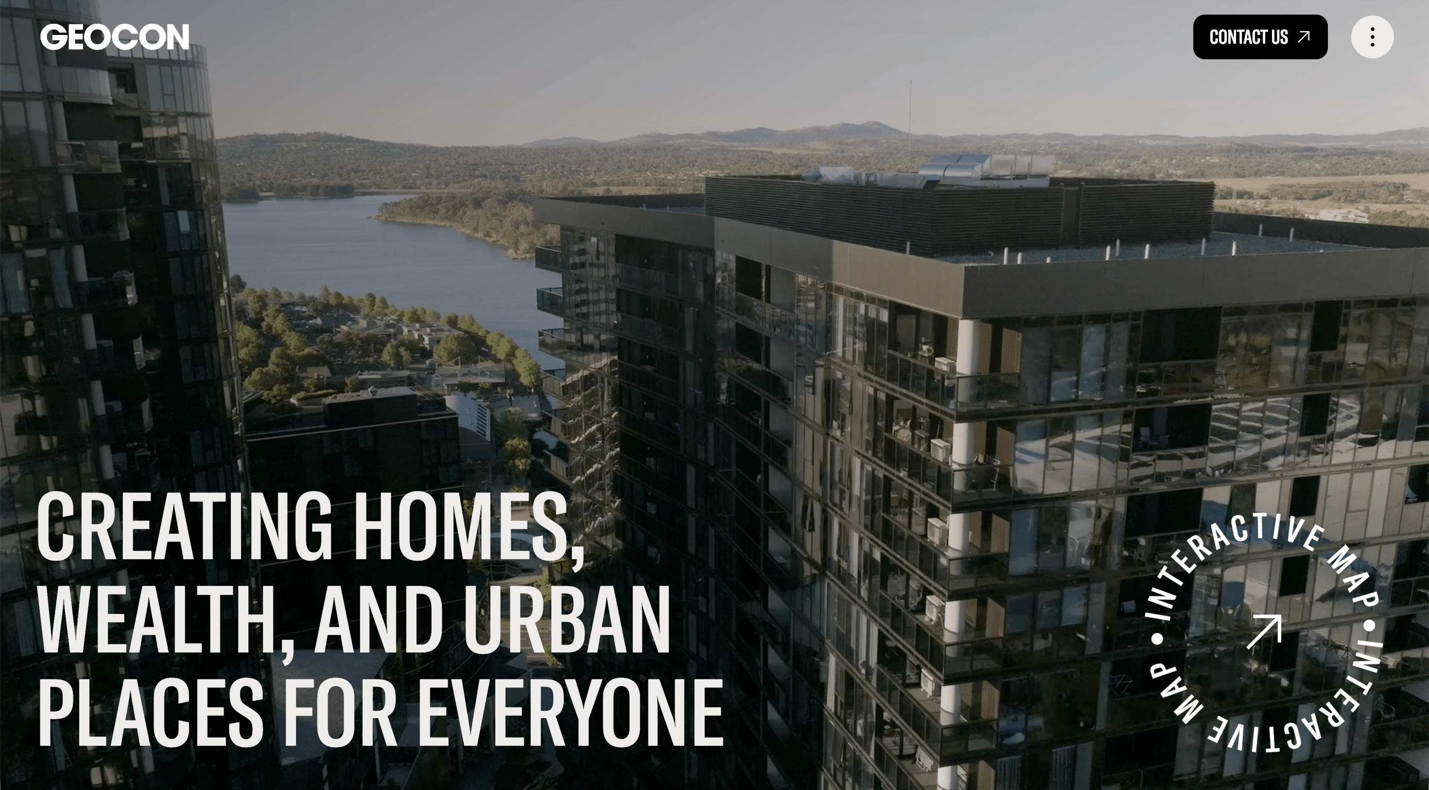 Geocon homepage with high-rise apartments overlooking a lake, text "CREATING HOMES, WEALTH, AND URBAN PLACES FOR EVERYONE."